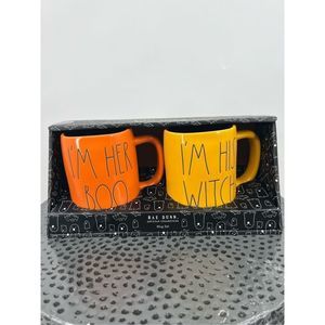Rae Dunn Halloween I'M HER BOO & I'M HIS WITCH Orange & Yellow Mug Set of 2 NIB